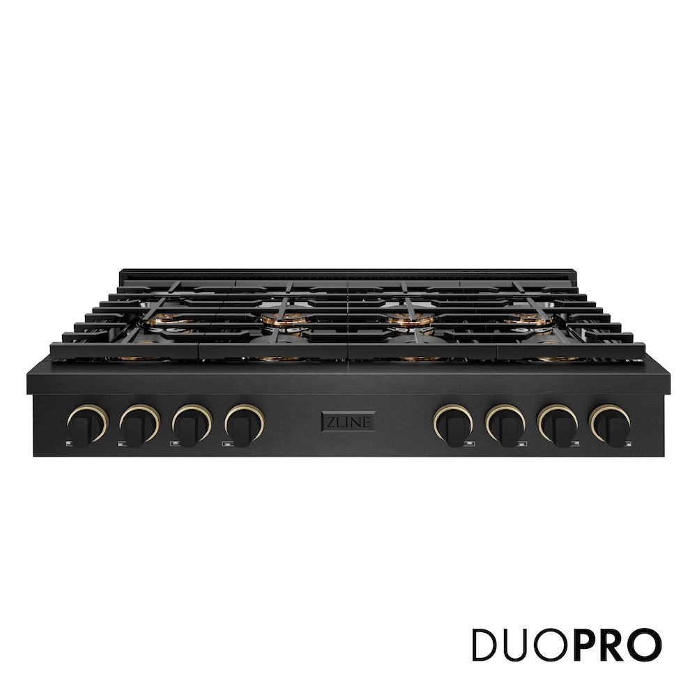 ZLINE Designer Collection 48 in. Paramount Gas Rangetop with 8 Burner DuoPro™ Cooktop in Black Satin Stainless Steel with Matte Black and Champagne Bronze Accents (PSRTBSZ-48-MBCB) front, with DuoPro™ logo.