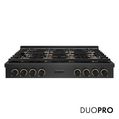 ZLINE Designer Collection 48 in. Paramount Gas Rangetop with 8 Burner DuoPro™ Cooktop in Black Satin Stainless Steel with Matte Black and Champagne Bronze Accents (PSRTBSZ-48-MBCB) front, with DuoPro™ logo.