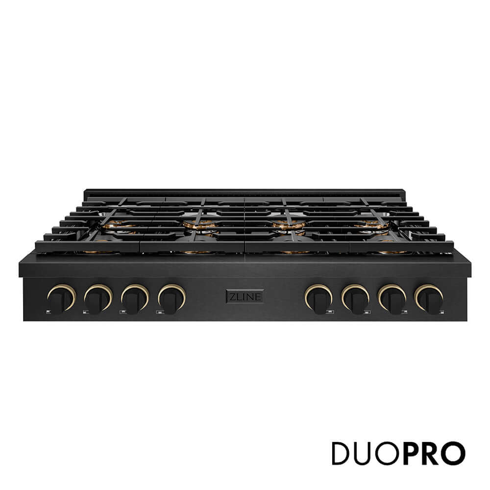 ZLINE Designer Collection 48 in. Paramount Gas Rangetop with 8 Burner DuoPro™ Cooktop in Black Satin Stainless Steel with Matte Black and Champagne Bronze Accents, Open Box-Good Condition