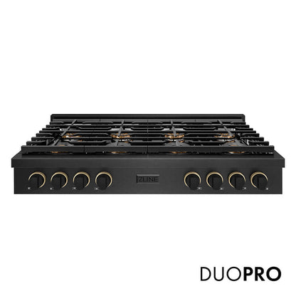 ZLINE Designer Collection 48 in. Paramount Gas Rangetop with 8 Burner DuoPro™ Cooktop in Black Satin Stainless Steel with Matte Black and Champagne Bronze Accents, Open Box-Good Condition