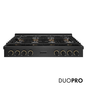 ZLINE Designer Collection 48 in. Paramount Gas Rangetop with 8 Burner DuoPro™ Cooktop in Black Satin Stainless Steel with Matte Black and Champagne Bronze Accents, Open Box-Great Condition main image.