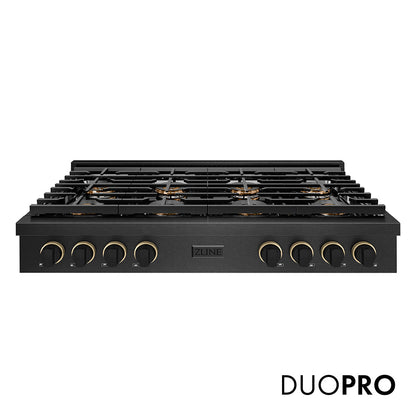 ZLINE Designer Collection 48 in. Paramount Gas Rangetop with 8 Burner DuoPro™ Cooktop in Black Satin Stainless Steel with Matte Black and Champagne Bronze Accents, Open Box-Great Condition