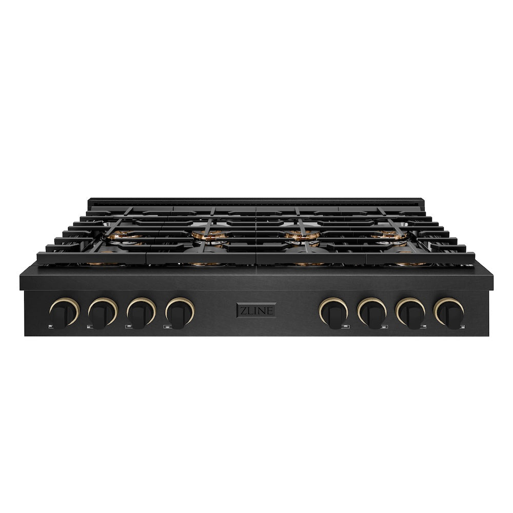 ZLINE Designer Collection 48 in. Paramount Gas Rangetop with 8 Burner DuoPro™ Cooktop in Black Satin Stainless Steel with Matte Black and Champagne Bronze Accents (PSRTBSZ-48-MBCB) front.