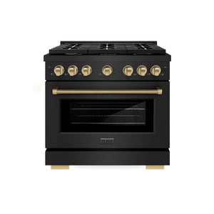 ZLINE Autograph Edition 36 in. 5.2 cu. ft. Paramount Dual Fuel Range with 6 Burner Gas Cooktop and Electric Convection Oven in Black Stainless Steel with Champagne Bronze Helix Handle and Knob Accents (SDRBZ-36-KCB) main image.