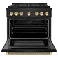 ZLINE Autograph Edition 36 in. 5.2 cu. ft. Paramount Dual Fuel Range with 6 Burner Gas Cooktop and Electric Convection Oven in Black Stainless Steel with Polished Gold Helix Handle and Knob Accents (SDRBZ-36-KG) front, open.