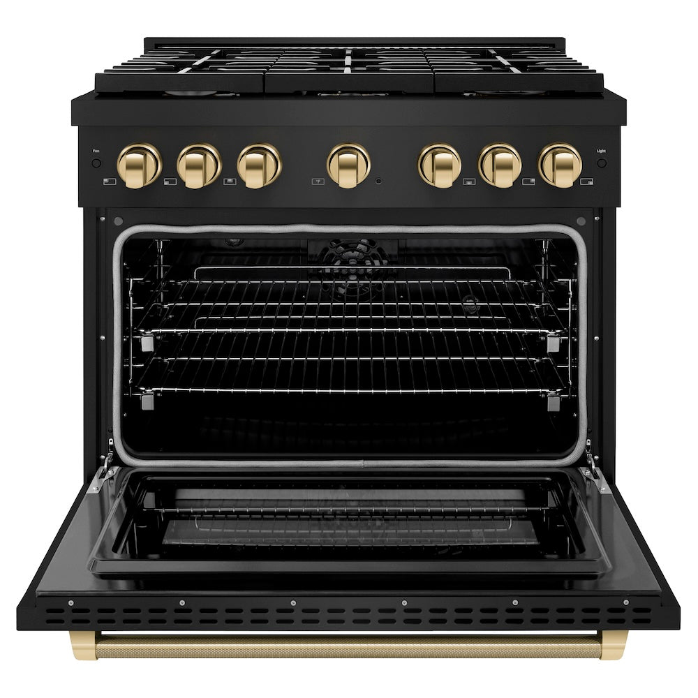 ZLINE Autograph Edition 36 in. 5.2 cu. ft. Paramount Dual Fuel Range with 6 Burner Gas Cooktop and Electric Convection Oven in Black Stainless Steel with Polished Gold Helix Handle and Knob Accents (SDRBZ-36-KG) front, open.