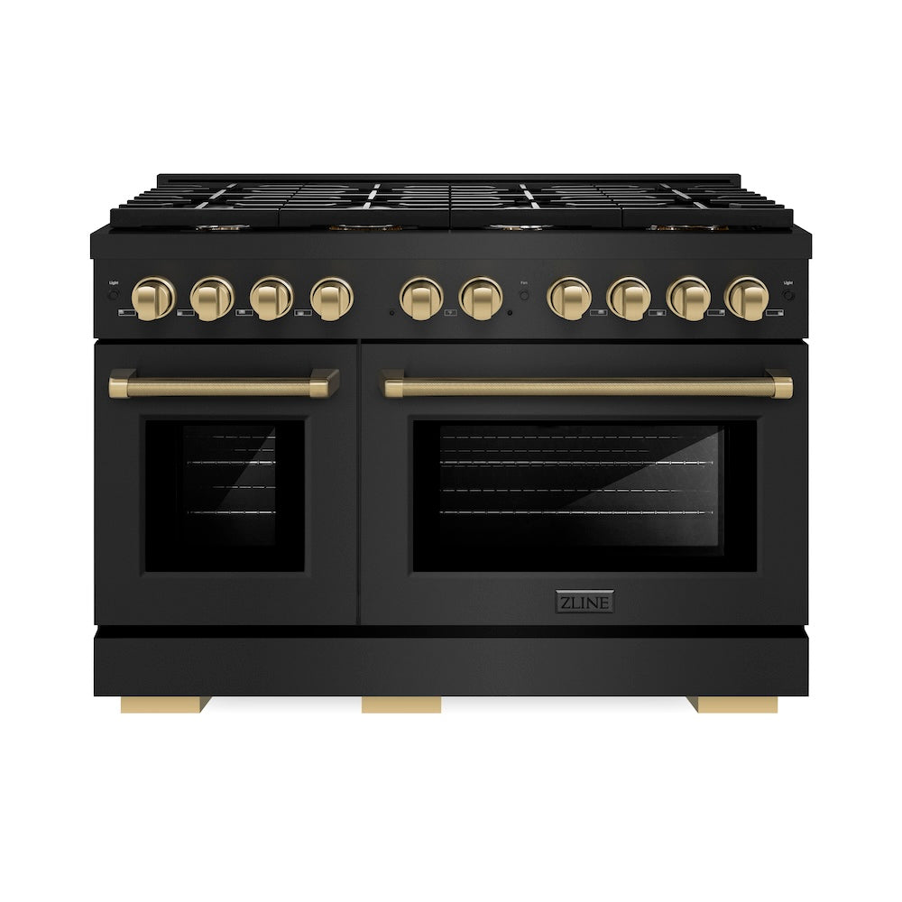 ZLINE Autograph Edition 48 in. 6.7 cu. ft. Paramount Double Oven Dual Fuel Range with 8 Burner Gas Cooktop in Black Stainless Steel and Champagne Bronze Helix Handles and Knob Accents (SDRBZ-48-KCB) main image.