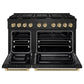 ZLINE Autograph Edition 48 in. 6.7 cu. ft. Paramount Double Oven Dual Fuel Range with 8 Burner Gas Cooktop in Black Stainless Steel and Champagne Bronze Helix Handles and Knob Accents (SDRBZ-48-KCB) front, open.