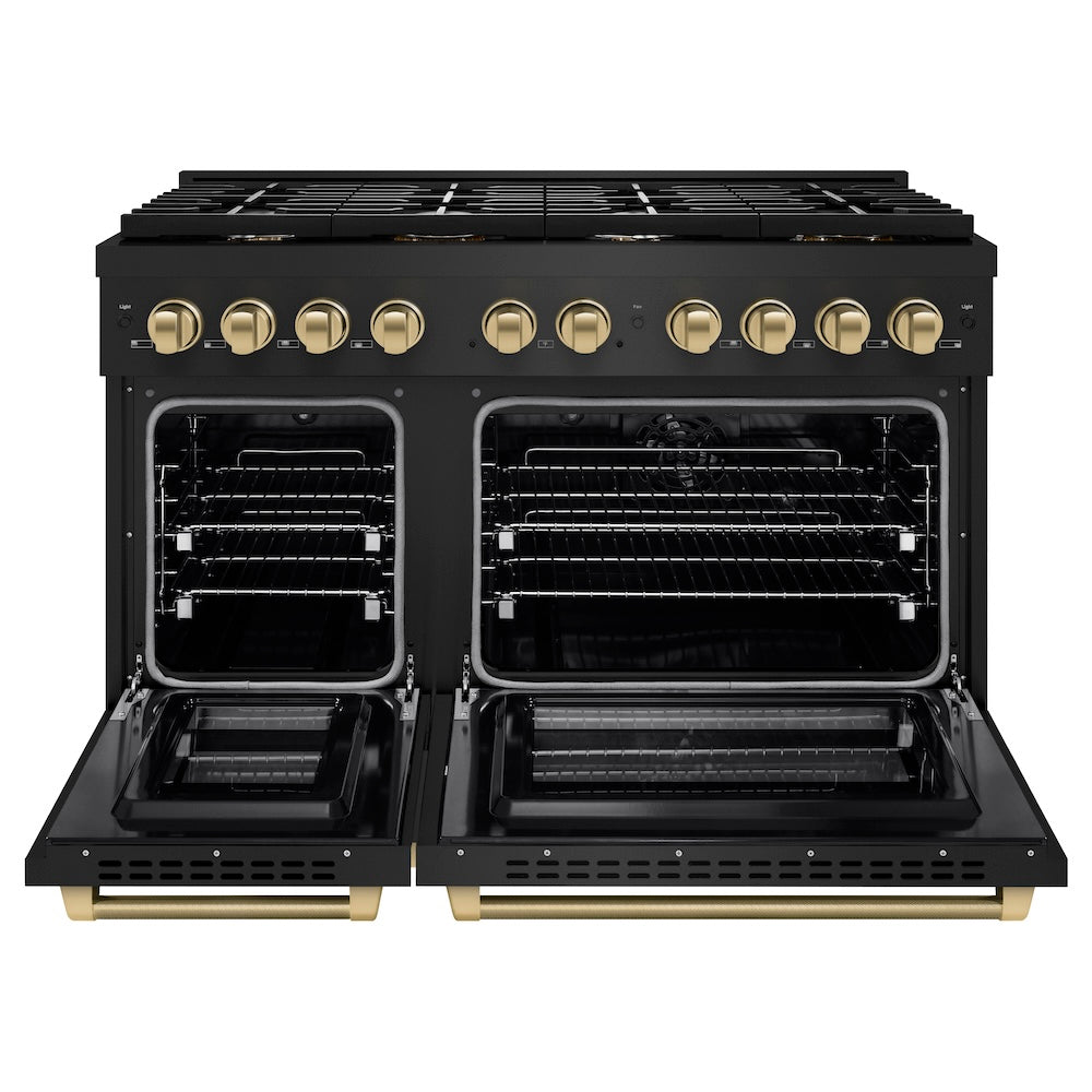 ZLINE Autograph Edition 48 in. 6.7 cu. ft. Paramount Double Oven Dual Fuel Range with 8 Burner Gas Cooktop in Black Stainless Steel and Champagne Bronze Helix Handles and Knob Accents (SDRBZ-48-KCB) front, open.