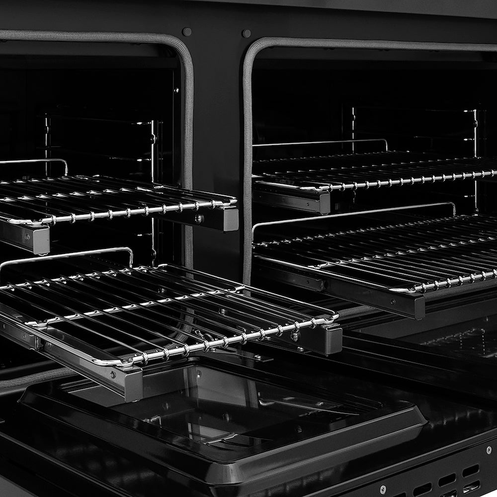 ZLINE Autograph Edition 48 in. 6.7 cu. ft. Paramount Double Oven Dual Fuel Range with 8 Burner Gas Cooktop in Black Stainless Steel and Polished Gold Helix Handles and Knob Accents (SDRBZ-48-KG) oven open racks extended.