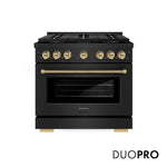 ZLINE Autograph Edition 36 in. 5.2 cu. ft. Paramount Dual Fuel Range with 6 Burner DuoPro™ Cooktop and Electric Convection Oven in Black Stainless Steel with Champagne Bronze Helix Handle and Accents (PSDRBZ-36-KCB) front, with DuoPro™ logo.