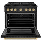 ZLINE Autograph Edition 36 in. 5.2 cu. ft. Paramount Dual Fuel Range with 6 Burner DuoPro™ Cooktop and Electric Convection Oven in Black Stainless Steel with Champagne Bronze Helix Handle and Accents (PSDRBZ-36-KCB) front, oven open.