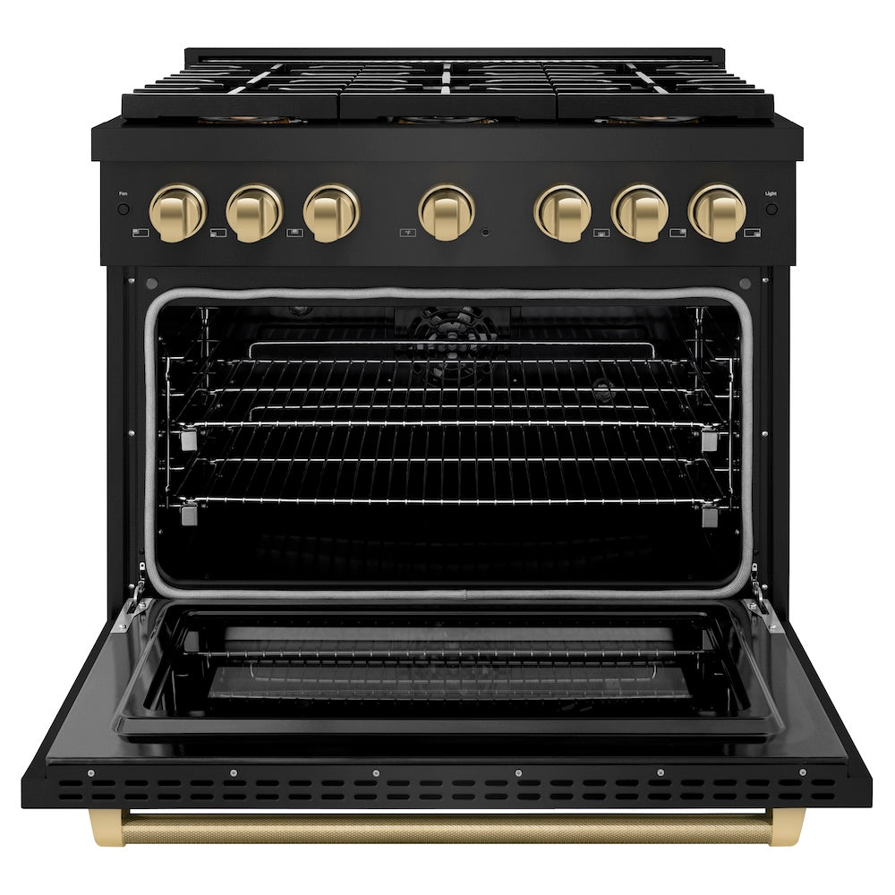 ZLINE Autograph Edition 36 in. 5.2 cu. ft. Paramount Dual Fuel Range with 6 Burner DuoPro™ Cooktop and Electric Convection Oven in Black Stainless Steel with Champagne Bronze Helix Handle and Accents (PSDRBZ-36-KCB) front, oven open.