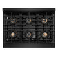 ZLINE Autograph Edition 36 in. 5.2 cu. ft. Paramount Dual Fuel Range with 6 Burner DuoPro™ Cooktop and Electric Convection Oven in Black Stainless Steel with Champagne Bronze Helix Handle and Accents (PSDRBZ-36-KCB) top-down, above cooktop.