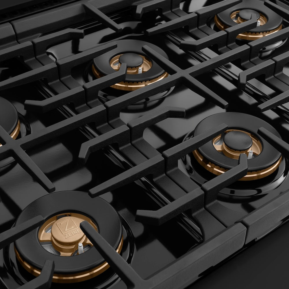 ZLINE Autograph Edition 36 in. 5.2 cu. ft. Paramount Dual Fuel Range with 6 Burner DuoPro™ Cooktop and Electric Convection Oven in Black Stainless Steel with Polished Gold Helix Handle and Accents (PSDRBZ-36-KG) burner spread and grates.