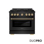 ZLINE Autograph Edition 36 in. 5.2 cu. ft. Paramount Dual Fuel Range with 6 Burner DuoPro™ Cooktop and Electric Convection Oven in Black Stainless Steel with Polished Gold Helix Handle and Accents (PSDRBZ-36-KG) front, with DuoPro™ logo.