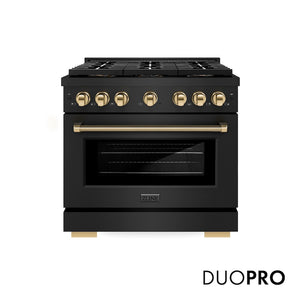 ZLINE Autograph Edition 36 in. 5.2 cu. ft. Paramount Dual Fuel Range with 6 Burner DuoPro™ Cooktop and Electric Convection Oven in Black Stainless Steel with Polished Gold Helix Handle and Accents (PSDRBZ-36-KG) main image.