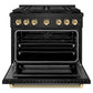 ZLINE Autograph Edition 36 in. 5.2 cu. ft. Paramount Dual Fuel Range with 6 Burner DuoPro™ Cooktop and Electric Convection Oven in Black Stainless Steel with Polished Gold Helix Handle and Accents (PSDRBZ-36-KG) front, oven open.