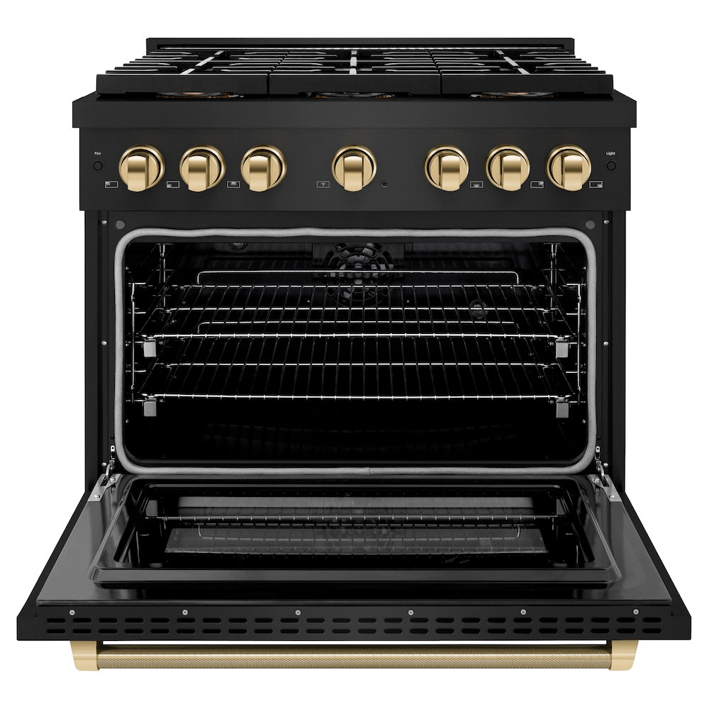 ZLINE Autograph Edition 36 in. 5.2 cu. ft. Paramount Dual Fuel Range with 6 Burner DuoPro™ Cooktop and Electric Convection Oven in Black Stainless Steel with Polished Gold Helix Handle and Accents (PSDRBZ-36-KG) front, oven open.