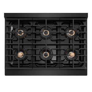 ZLINE Autograph Edition 36 in. 5.2 cu. ft. Paramount Dual Fuel Range with 6 Burner DuoPro™ Cooktop and Electric Convection Oven in Black Stainless Steel with Polished Gold Helix Handle and Accents (PSDRBZ-36-KG) top-down, above cooktop.