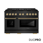 ZLINE Autograph Edition 48 in. 6.7 cu. ft. Paramount Dual Fuel Range with 8 Burner DuoPro™ Cooktop and Dual Ovens in Black Stainless Steel with Champagne Bronze Helix Handles and Accents (PSDRBZ-48-KCB) front, with DuoPro™ logo.