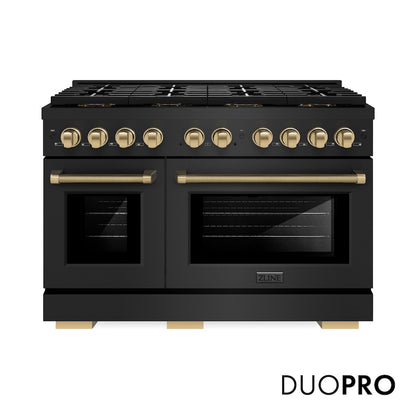 ZLINE Autograph Edition 48 in. 6.7 cu. ft. Paramount Dual Fuel Range with 8 Burner DuoPro™ Cooktop and Dual Ovens in Black Stainless Steel with Champagne Bronze Helix Handles and Accents (PSDRBZ-48-KCB) front, with DuoPro™ logo.