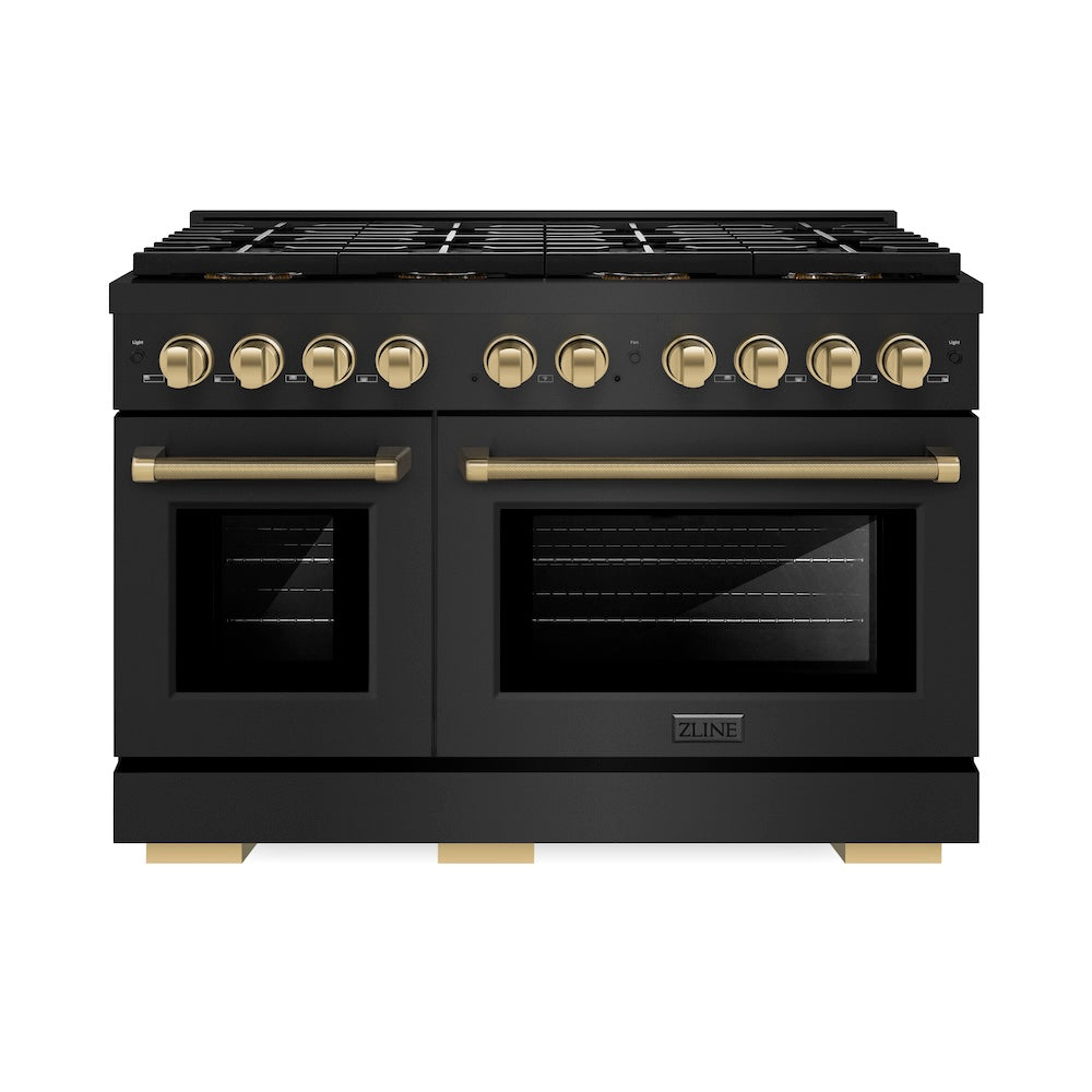 ZLINE Autograph Edition 48 in. 6.7 cu. ft. Paramount Dual Fuel Range with 8 Burner DuoPro™ Cooktop and Dual Ovens in Black Stainless Steel with Champagne Bronze Helix Handles and Accents (PSDRBZ-48-KCB) front.