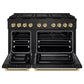 ZLINE Autograph Edition 48 in. 6.7 cu. ft. Paramount Dual Fuel Range with 8 Burner DuoPro™ Cooktop and Dual Ovens in Black Stainless Steel with Champagne Bronze Helix Handles and Accents (PSDRBZ-48-KCB) front, oven open.