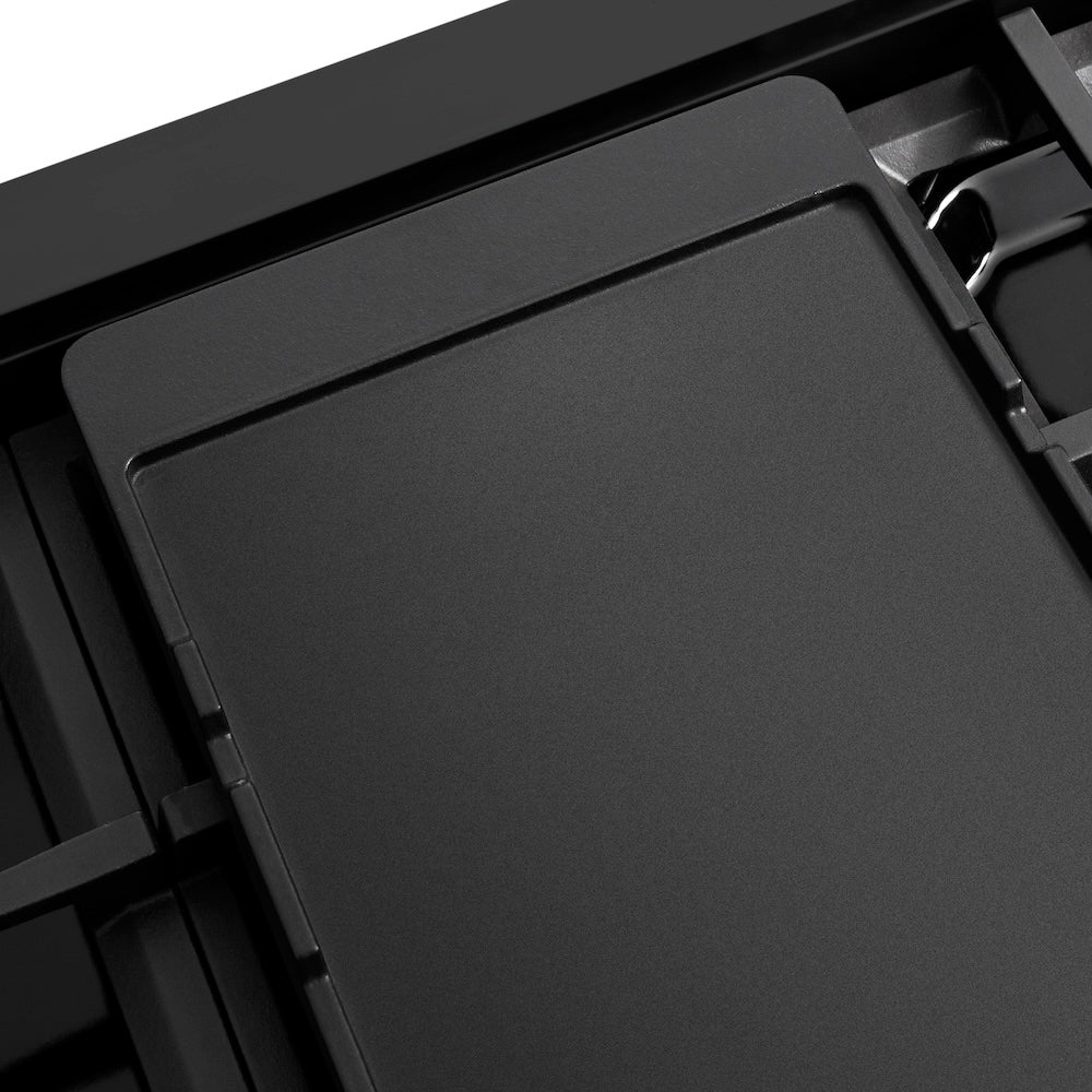 ZLINE Autograph Edition 48 in. 6.7 cu. ft. Paramount Dual Fuel Range with 8 Burner DuoPro™ Cooktop and Dual Ovens in Black Stainless Steel with Champagne Bronze Helix Handles and Accents (PSDRBZ-48-KCB) reversible griddle flat side.