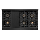 ZLINE Autograph Edition 48 in. 6.7 cu. ft. Paramount Dual Fuel Range with 8 Burner DuoPro™ Cooktop and Dual Ovens in Black Stainless Steel with Champagne Bronze Helix Handles and Accents (PSDRBZ-48-KCB) top-down, above cooktop.