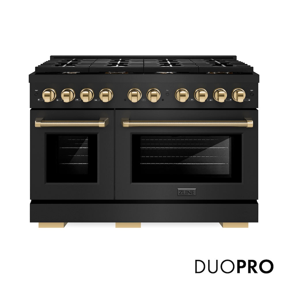 ZLINE Autograph Edition 48 in. 6.7 cu. ft. Paramount Dual Fuel Range with 8 Burner DuoPro™ Cooktop and Dual Ovens in Black Stainless Steel with Polished Gold Helix Handles and Accents (PSDRBZ-48-KG) front, with DuoPro™ logo.