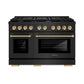 ZLINE Autograph Edition 48 in. 6.7 cu. ft. Paramount Dual Fuel Range with 8 Burner DuoPro™ Cooktop and Dual Ovens in Black Stainless Steel with Polished Gold Helix Handles and Accents (PSDRBZ-48-KG) front.
