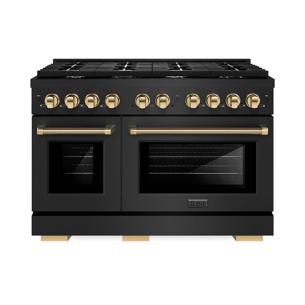 ZLINE Autograph Edition 48 in. 6.7 cu. ft. Paramount Dual Fuel Range with 8 Burner DuoPro™ Cooktop and Dual Ovens in Black Stainless Steel with Polished Gold Helix Handles and Accents (PSDRBZ-48-KG) front.