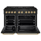 ZLINE Autograph Edition 48 in. 6.7 cu. ft. Paramount Dual Fuel Range with 8 Burner DuoPro™ Cooktop and Dual Ovens in Black Stainless Steel with Polished Gold Helix Handles and Accents (PSDRBZ-48-KG) front, oven open.