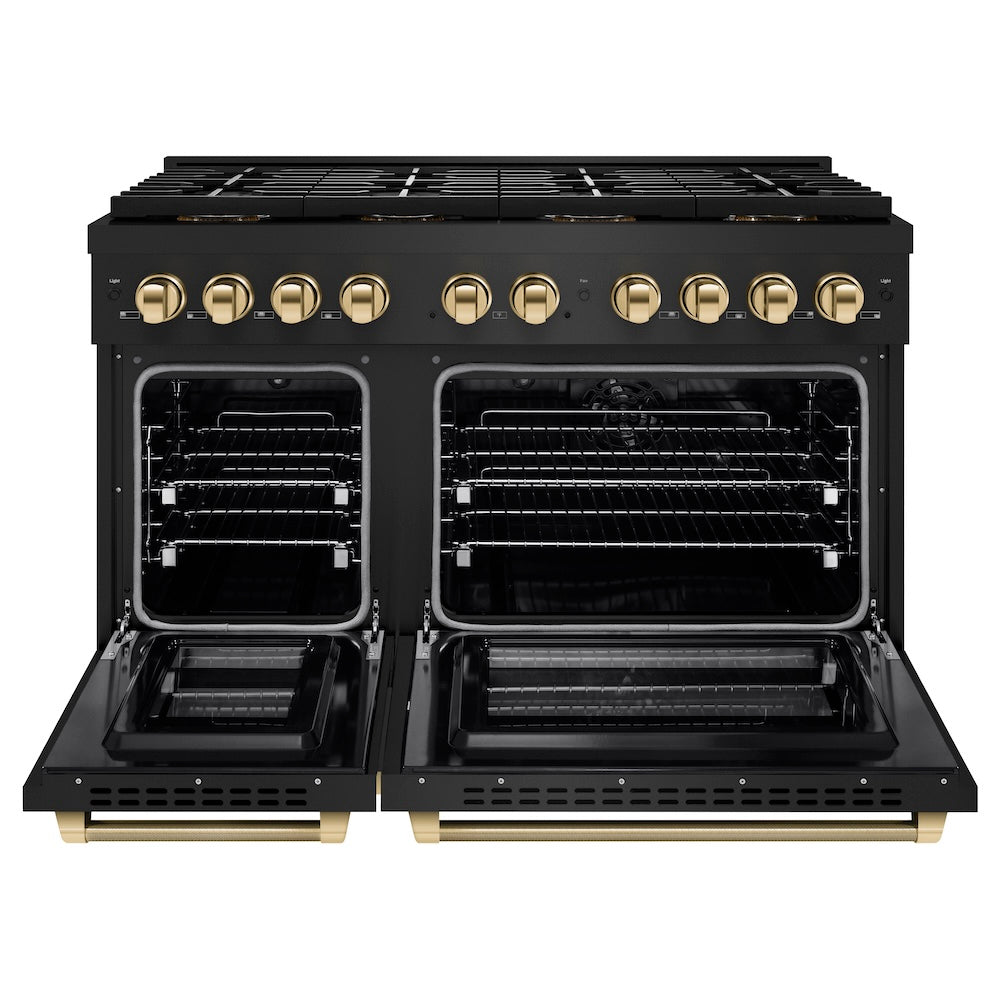 ZLINE Autograph Edition 48 in. 6.7 cu. ft. Paramount Dual Fuel Range with 8 Burner DuoPro™ Cooktop and Dual Ovens in Black Stainless Steel with Polished Gold Helix Handles and Accents (PSDRBZ-48-KG) front, oven open.