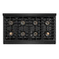 ZLINE Autograph Edition 48 in. 6.7 cu. ft. Paramount Dual Fuel Range with 8 Burner DuoPro™ Cooktop and Dual Ovens in Black Stainless Steel with Polished Gold Helix Handles and Accents (PSDRBZ-48-KG) top-down, above cooktop.