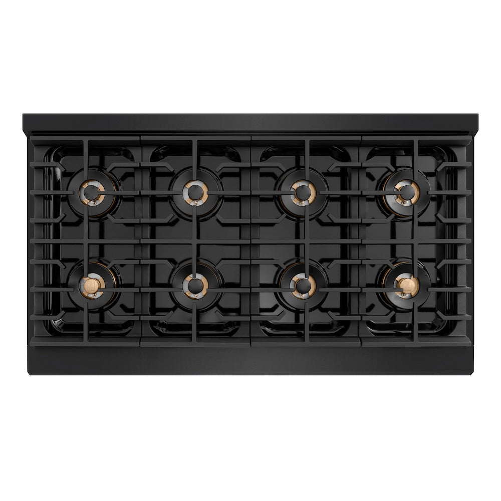 ZLINE Autograph Edition 48 in. 6.7 cu. ft. Paramount Dual Fuel Range with 8 Burner DuoPro™ Cooktop and Dual Ovens in Black Stainless Steel with Polished Gold Helix Handles and Accents (PSDRBZ-48-KG) top-down, above cooktop.