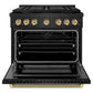 ZLINE Autograph Edition 36 in. 5.2 cu. ft. Paramount Gas Range with 6 Burner Cooktop and Convection Gas Oven in Black Stainless Steel with Champagne Bronze Helix Handle and Knob Accents (SGRBZ-36-KCB) front, open.