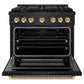 ZLINE Autograph Edition 36 in. 5.2 cu. ft. Paramount Gas Range with 6 Burner Cooktop and Convection Gas Oven in Black Stainless Steel with Polished Gold Helix Handle and Knob Accents (SGRBZ-36-KG) front, open.