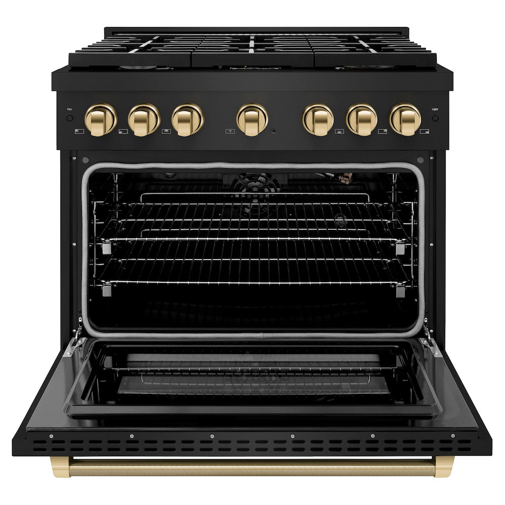 ZLINE Autograph Edition 36 in. 5.2 cu. ft. Paramount Gas Range with 6 Burner Cooktop and Convection Gas Oven in Black Stainless Steel with Polished Gold Helix Handle and Knob Accents (SGRBZ-36-KG) front, open.