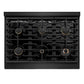 ZLINE Autograph Edition 36 in. 5.2 cu. ft. Paramount Gas Range with 6 Burner Cooktop and Convection Gas Oven in Black Stainless Steel with Polished Gold Helix Handle and Knob Accents (SGRBZ-36-KG) top-down, above cooktop.
