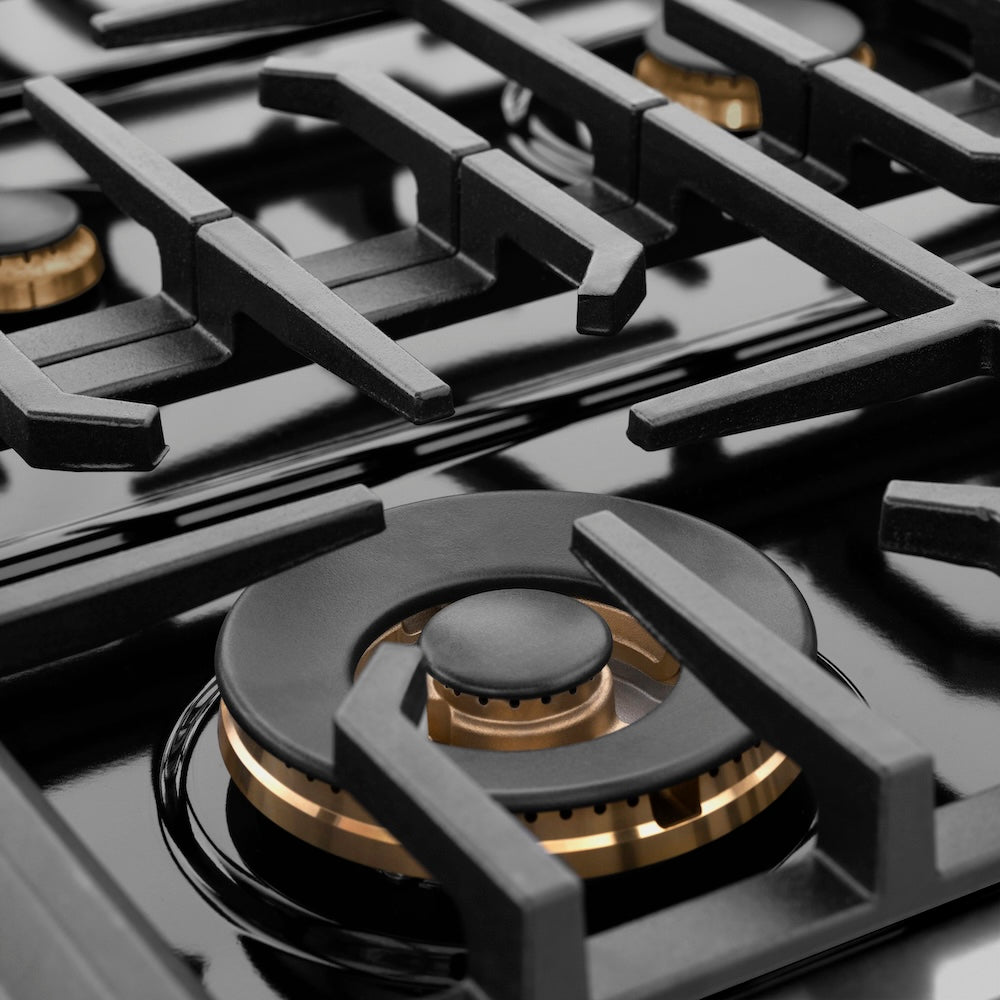 ZLINE Autograph Edition 48 in. 6.7 cu. ft. Paramount Double Oven Gas Range with 8 Burner Cooktop in Black Stainless Steel and Champagne Bronze Helix Handles and Knob Accents (SGRBZ-48-KCB) large gas burner and grates.