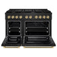 ZLINE Autograph Edition 48 in. 6.7 cu. ft. Paramount Double Oven Gas Range with 8 Burner Cooktop in Black Stainless Steel and Champagne Bronze Helix Handles and Knob Accents (SGRBZ-48-KCB) front, open.