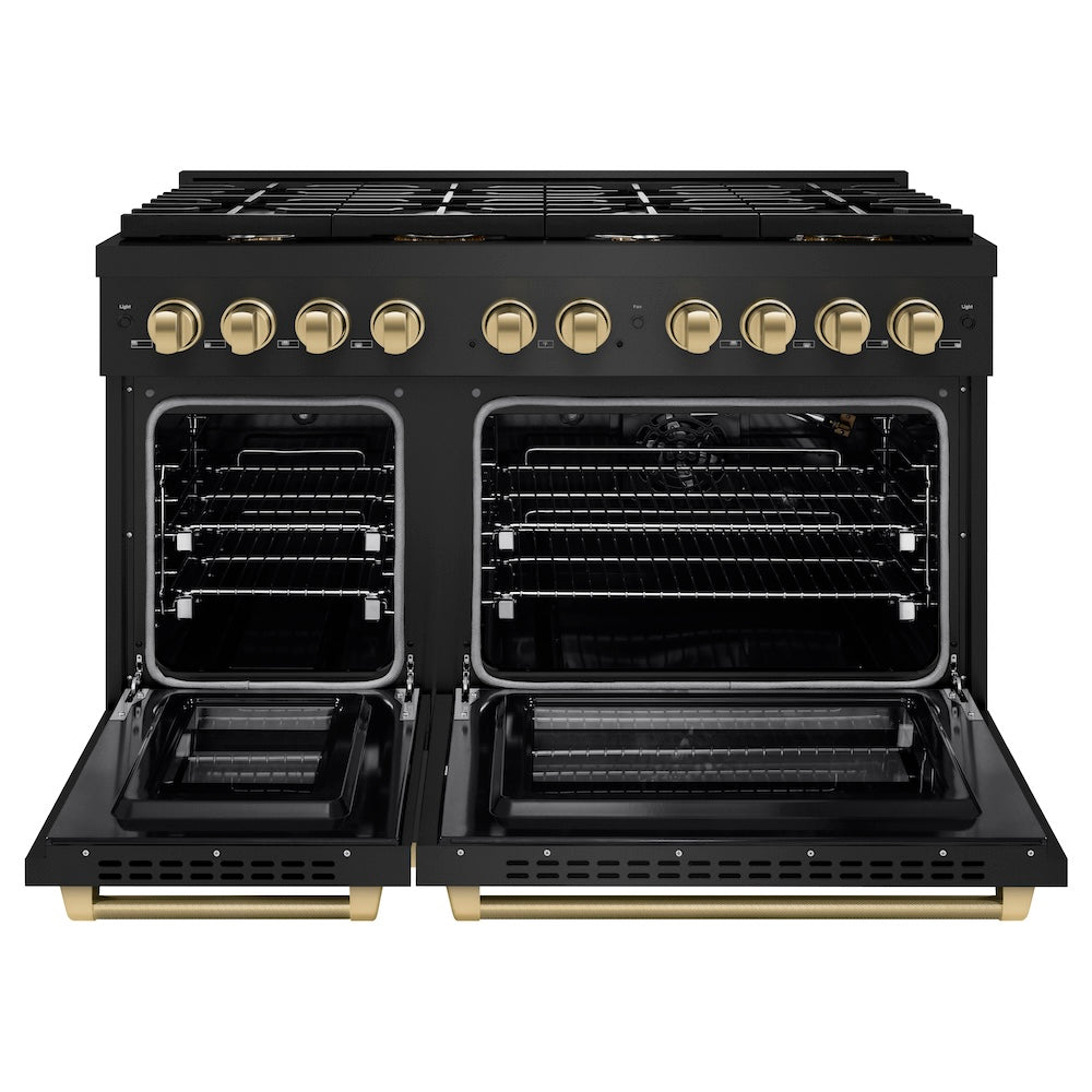 ZLINE Autograph Edition 48 in. 6.7 cu. ft. Paramount Double Oven Gas Range with 8 Burner Cooktop in Black Stainless Steel and Champagne Bronze Helix Handles and Knob Accents (SGRBZ-48-KCB) front, open.