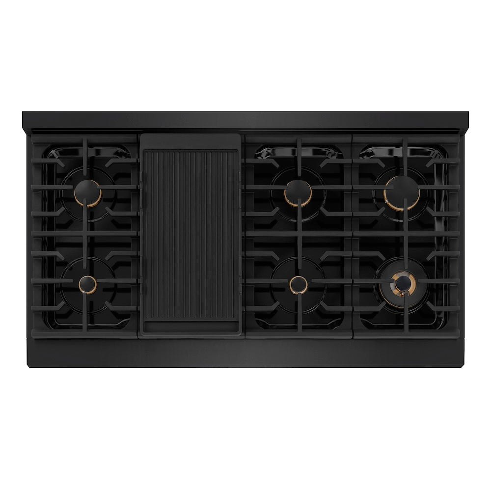 ZLINE Autograph Edition 48 in. 6.7 cu. ft. Paramount Double Oven Gas Range with 8 Burner Cooktop in Black Stainless Steel and Champagne Bronze Helix Handles and Knob Accents (SGRBZ-48-KCB) top-down, above cooktop.