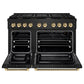 ZLINE Autograph Edition 48 in. 6.7 cu. ft. Paramount Double Oven Gas Range with 8 Burner Cooktop in Black Stainless Steel and Polished Gold Helix Handles and Knob Accents (SGRBZ-48-KG) front, open.
