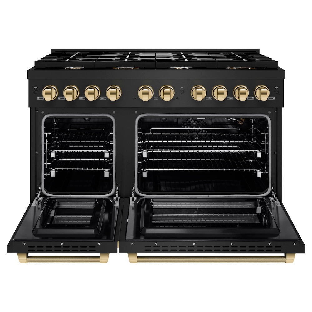 ZLINE Autograph Edition 48 in. 6.7 cu. ft. Paramount Double Oven Gas Range with 8 Burner Cooktop in Black Stainless Steel and Polished Gold Helix Handles and Knob Accents (SGRBZ-48-KG) front, open.