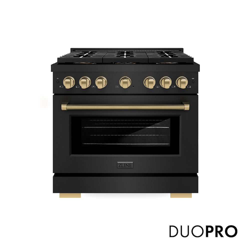 ZLINE Autograph Edition 36 in. 5.2 cu. ft. Paramount Gas Range with 6 Burner DuoPro™ Cooktop and Convection Gas Oven in Black Stainless Steel with Champagne Bronze Helix Handle and Accents (PSGRBZ-36-KCB) front, with DuoPro™ logo.