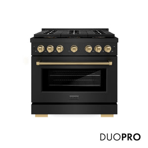 ZLINE Autograph Edition 36 in. 5.2 cu. ft. Paramount Gas Range with 6 Burner DuoPro™ Cooktop and Convection Gas Oven in Black Stainless Steel with Champagne Bronze Helix Handle and Accents (PSGRBZ-36-KCB) main image.