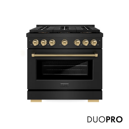 ZLINE Autograph Edition 36 in. 5.2 cu. ft. Paramount Gas Range with 6 Burner DuoPro™ Cooktop and Convection Gas Oven in Black Stainless Steel with Champagne Bronze Helix Handle and Accents (PSGRBZ-36-KCB) front, with DuoPro™ logo.